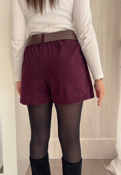 Jupe-short plissée en velours côtelé – Prune