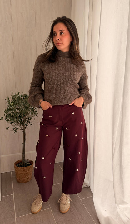 Pantalon Ballon Bordeaux – Cœurs argentés