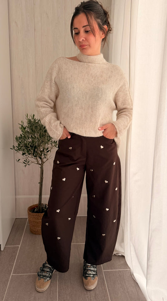 Pantalon Ballon marron – Cœurs argentés
